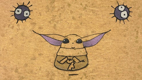 Brown background image of Grogu with two dust bunnies