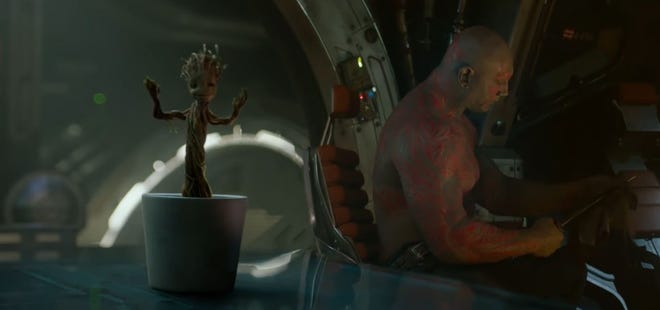 Screenshot of Baby Groot dancing in Guardians of the Galaxy