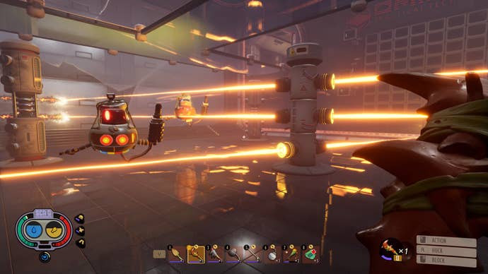 The rotating lasers in the Assistant Manager boss fight in Grounded
