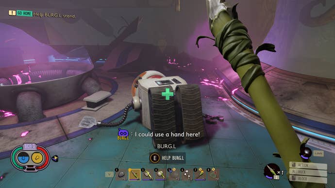 Burgl, the robot in Grounded, in need of help on the floor