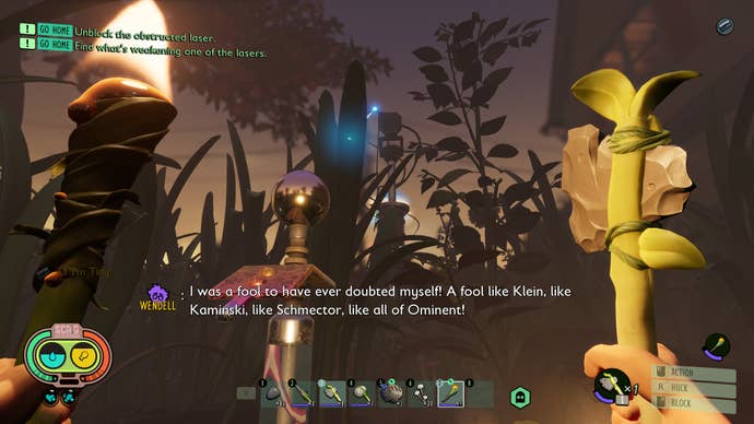 A tall blade of grass blocking one of the lasers that powers the Mysterious Machine in Grounded