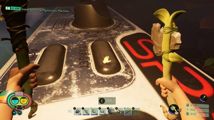 A first-person view of the button that activates the Mysterious Machine in Grounded