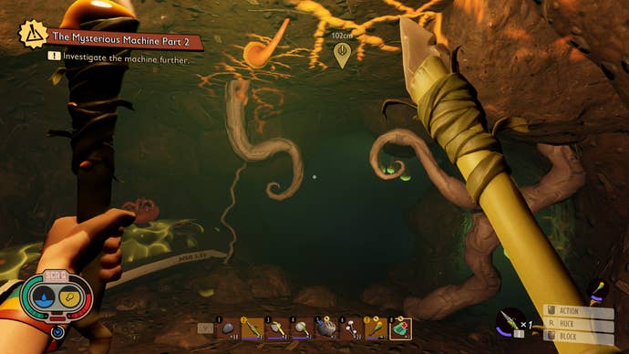 A first-person view of the cave tunnel that contains the rest of the mites that chew the Mysterious Machine's wires in Grounded