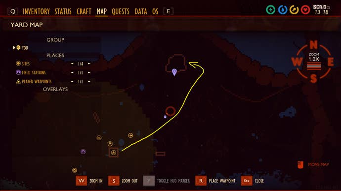 A map with directions to the Oak Lab in Grounded