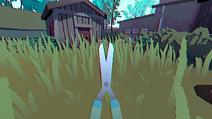 A pair of shears are held aloft in front of a very grassy garden in Grunn