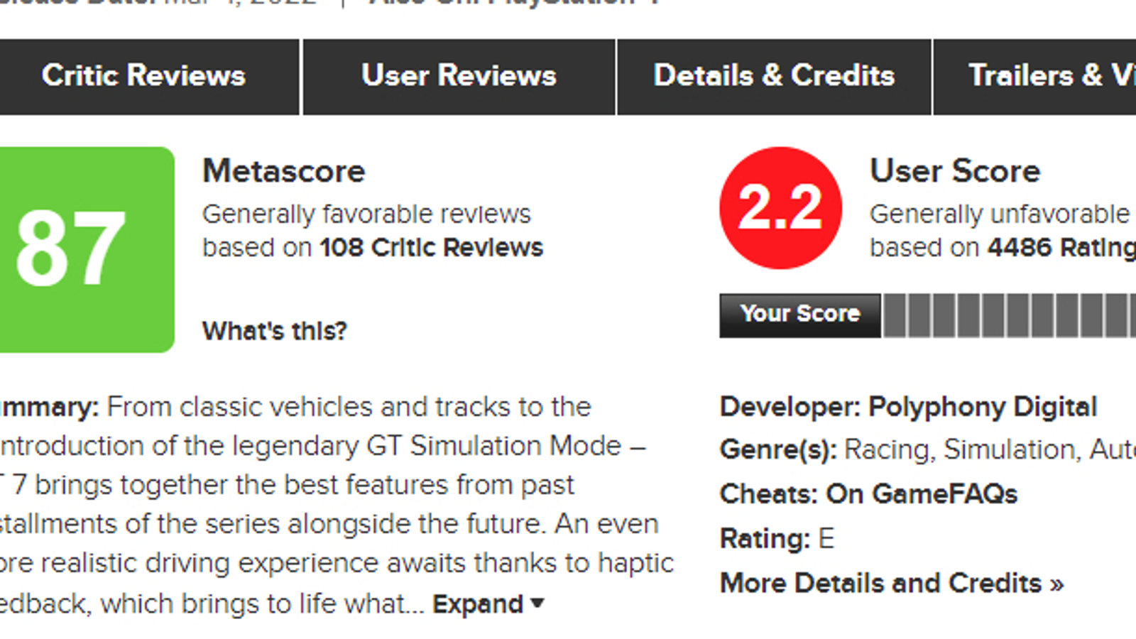 Gran Turismo 7 tem a pior nota entre jogos da Sony no Metacritic