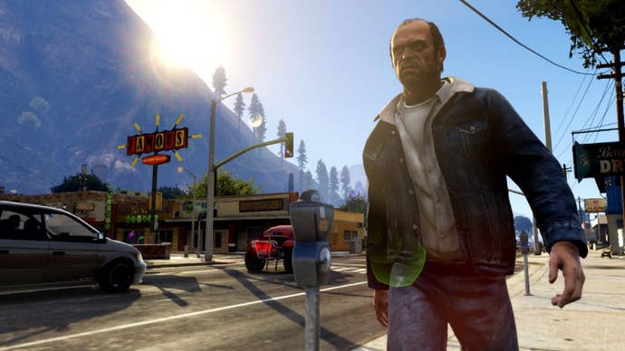 Trevor walking along a street in GTA 5.