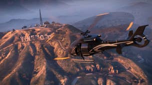 A helicopter flying near the Vinewood sign in GTA 5.