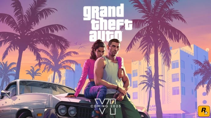 Artwork for GTA 6 showing a man and a woman by a car with bullet holes and Vice City in the background.