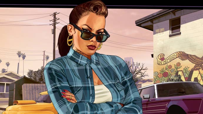 Artwork showing a female Grand Theft Auto character with tattoos on her neck wearing sunglasses.