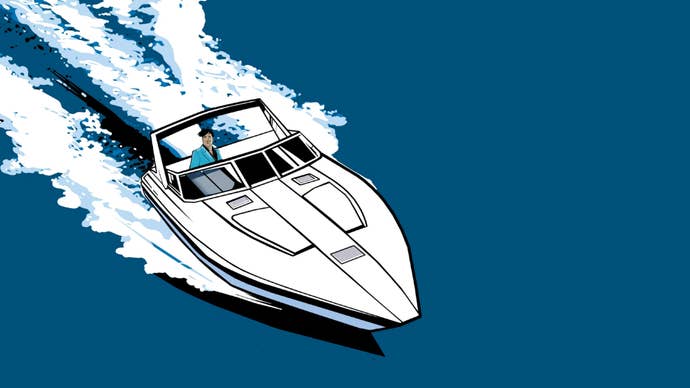 Artwork showing a Grand Theft Auto character riding a speed boat in Vice City.