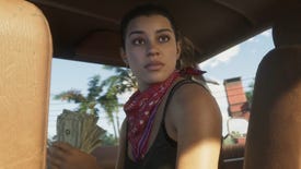 Lucia looks back from the front seat of her car with a fistful of cash in the first GTA 6 trailer.