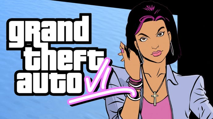 Artwork showing a female Grand Theft Auto character and a mockup logo for GTA 6.