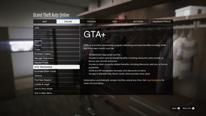 GTAオンライン、オンラインメニューのGTA+メンバーシップオプション