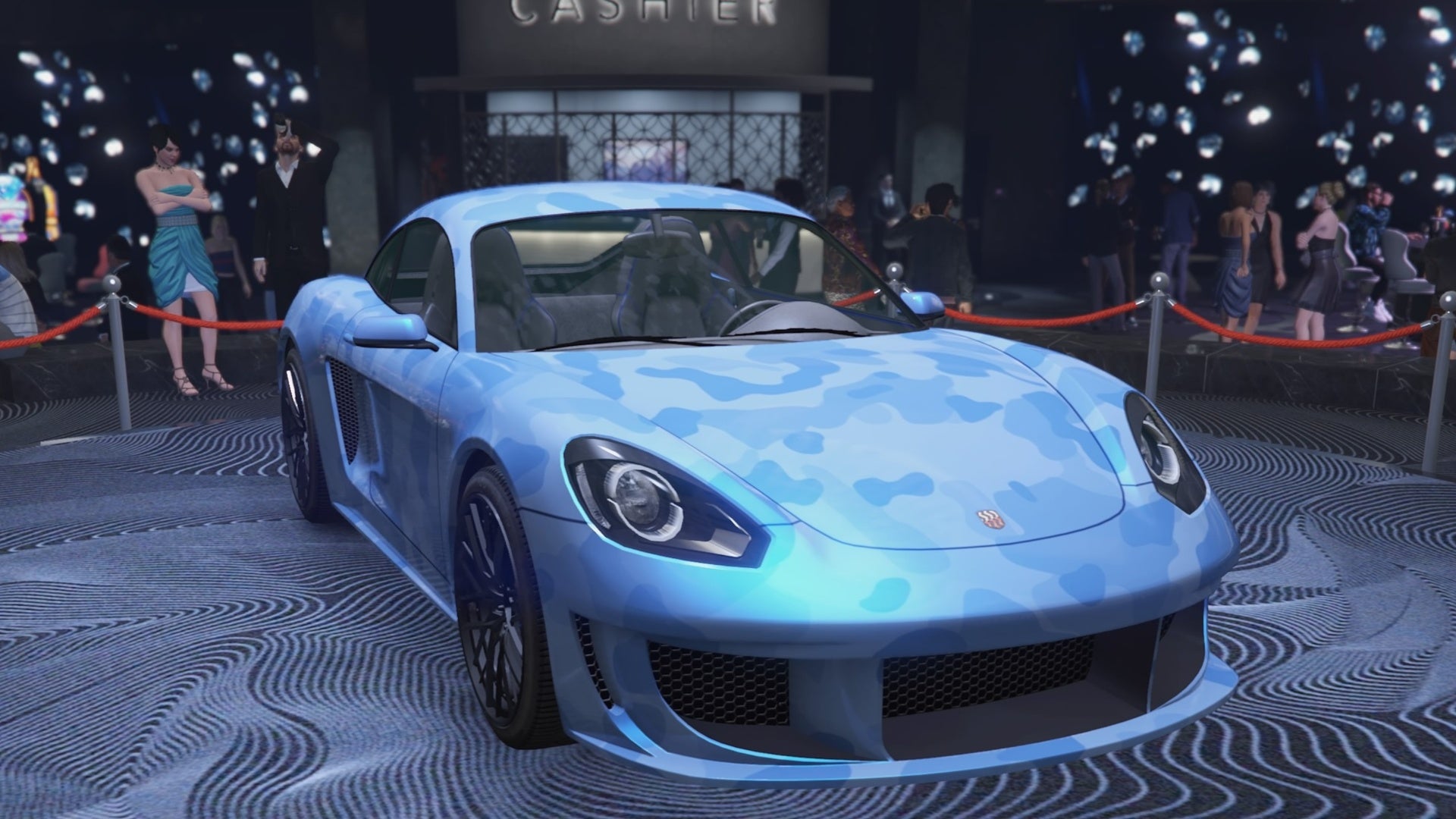 GTA Online, голубой автомобиль Pfister Growler на подиуме казино Diamond, вид сбоку