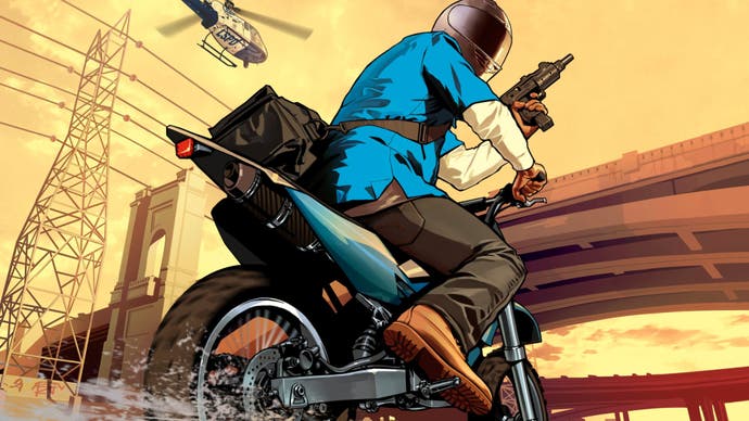 gta online official rockstar art of Franklin in GTA 5 wearing black pants, a blue shirt and black helmet with a bag on his back, holding an SMG while riding bike down storm drain with an LSPD helicopter overhead.
