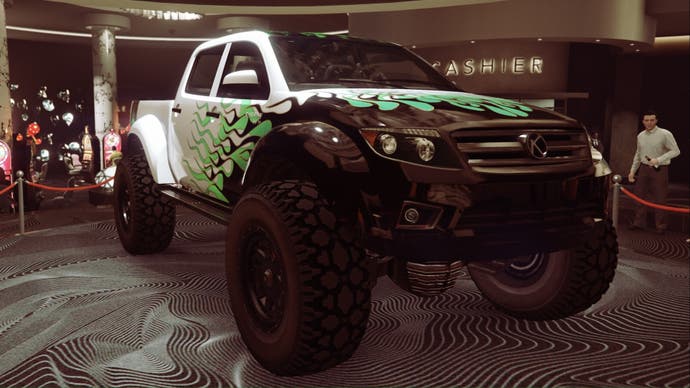 gta online white karin everon vehicle with green and black flame details on podium in diamond casino side view