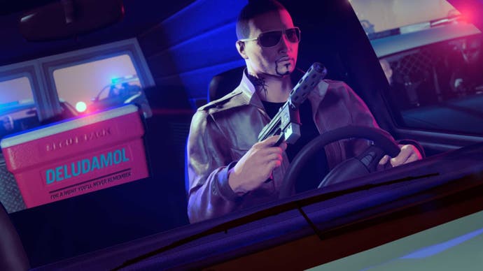 GTA Plus、タクシーで銃を持っているキャラクターの公式のロックスターニュースワイヤーの画像