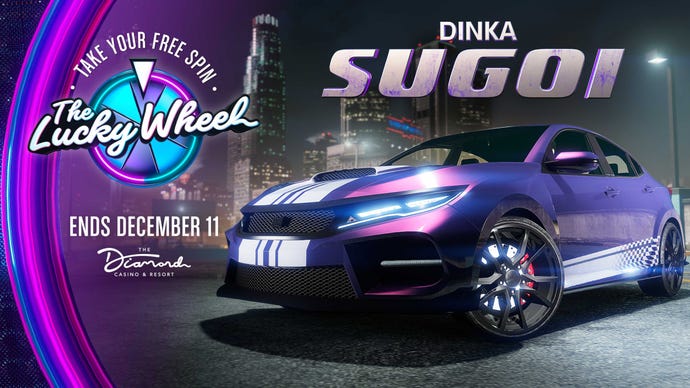 GTA Online artwork promoting the Dinka Sugoi as the latest Podium Car at the Diamond Casino and Resort.