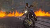 Carl Johnson from GTA San Andreas riding a motorcycle while surrounded by fire