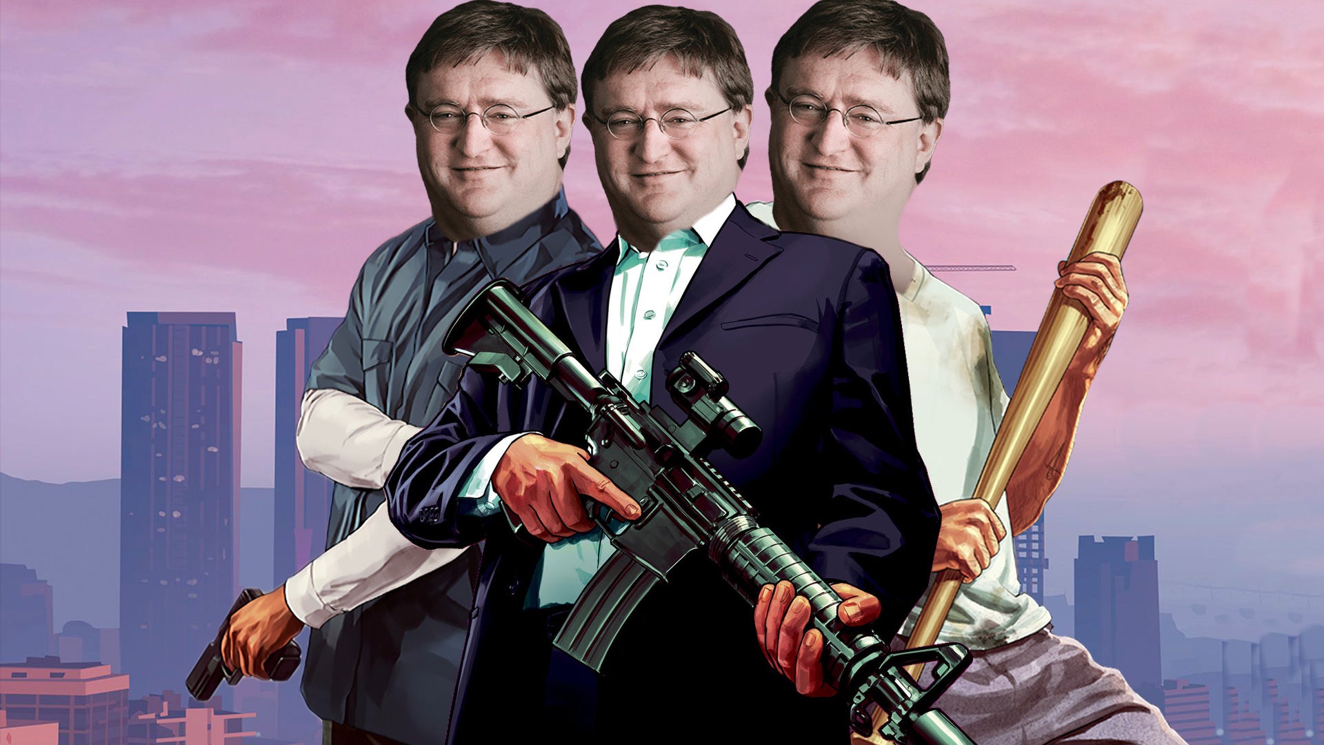 Michael, Trevor and Franklin from Grand Theft Auto V standing in front of a Los Santos skyline, with Gabe Newell's head on their bodies