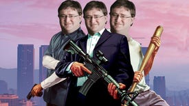 Michael, Trevor and Franklin from Grand Theft Auto V standing in front of a Los Santos skyline, with Gabe Newell's head on their bodies
