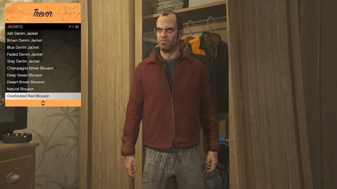 Trevor from GTAV showcasing his "Overlooked" jacket and shirt outfit.