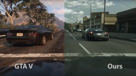 A screenshot of Grand Theft Auto V, the left of the shot showing a Los Santos with a car as they normally look, the right showing the same scene after it's been put through an AI which makes it more photorealistic.