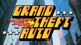 The old Grand Theft Auto logo for the original game. The game-name in big orange letters with flaming decal and stars, in front of a photographed, fish-eyed, New York skyline.