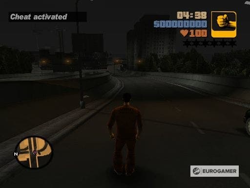 GTA 3 Cheat Activated Benachrichtigung befindet sich in der oberen linken Ecke des Bildschirms, wobei der Rücken des Hauptcharakters zum Leser gegenüberliegt