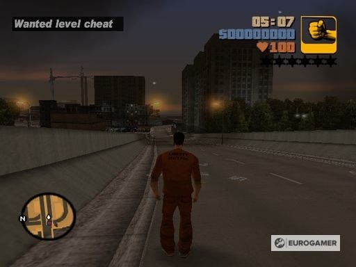 GTA 3 -Gameplay -Bildschirm, ein gewollter Level -Cheat -Aktivifikationsbenachrichtigung befindet sich in der oberen linken Ecke des Bildschirms, während der Hauptcharakter uns zu uns hinweg hat