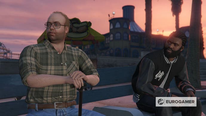 Two GTA characters sat on a bench outside Chihuahua Hotdogs