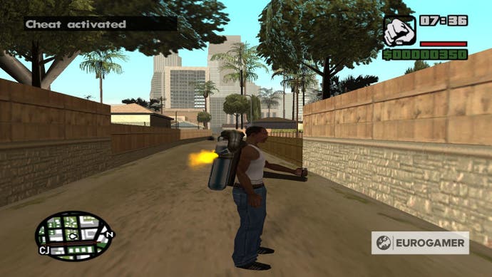 CJ from GTA San Andreas stood in an alleyway and wearing a jetpack