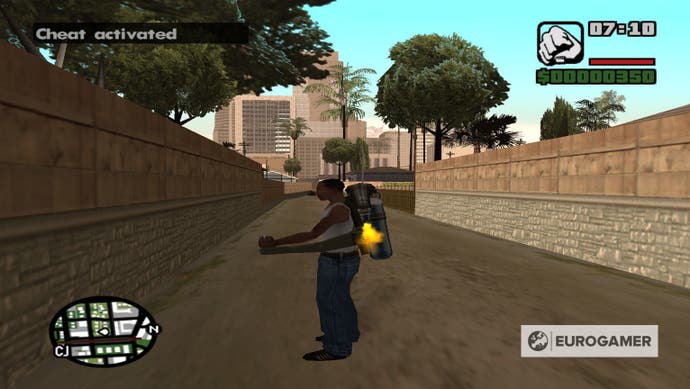 CJ from GTA San Andreas stood in an alleyway, wearing a jetpack, and facing to the left