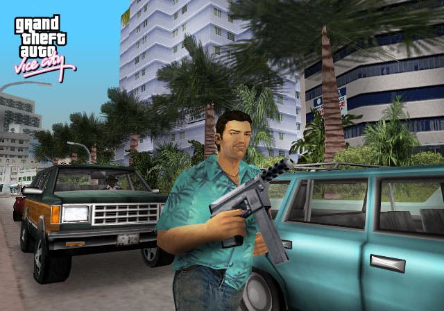 Tommy Vercetti von GTA Vice City rennt die Straße hinunter und hält eine Maschinenpistole