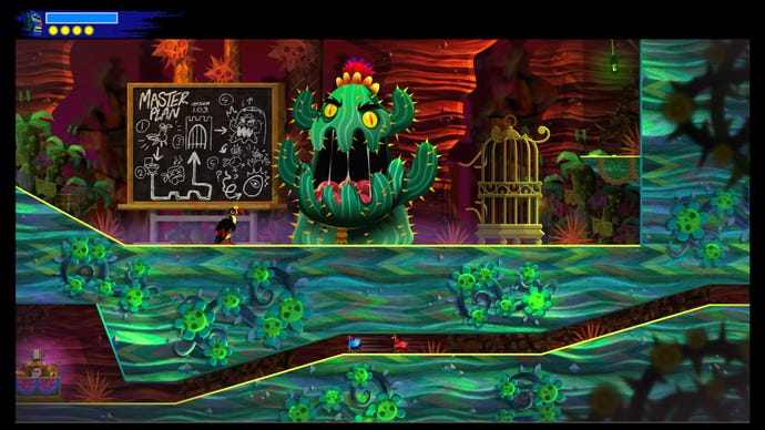 An angry, monstrous, anthropomorphised cactus roars in a red cavern next to a board with a "Master Plan" written on it. There is an exotic bird under the board and a cage on the cactus's other side. Below this scene, small birds travel through tunnels cutting between green ground with skull-faced flowers growing in it.