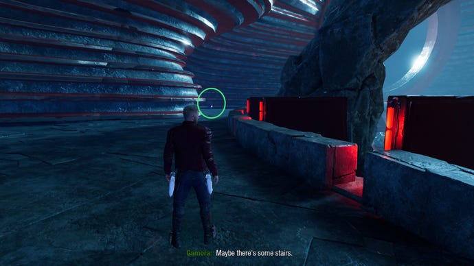 Star-Lord standing at edge of Hellbender's throne room, pink outfit box up ahead
