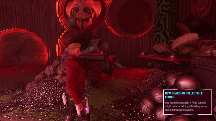 Star-Lord surrounded by treasure in Hellbender's vault, large skull mounted on wall