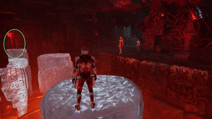 Star-Lord stands on ice pillar, gap in wall circled. Other Guardians stand at the side of the pit