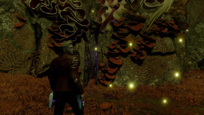 Star-Lord staring at gap in the wall, Groot lights up the room with his ability