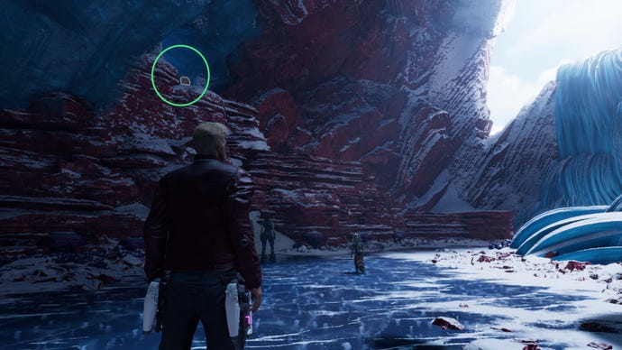 Star-Lord stands in cave with Rocket and Gamora; outfit box circled