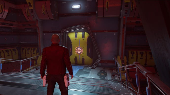 Star-Lord stares at a locked door that is down some steps