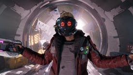 Star-Lord with his mask, on raising his blasters playfully aboard the Milano