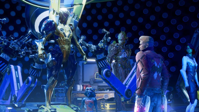 The Guardians star up at a glistening set of powerful armour.