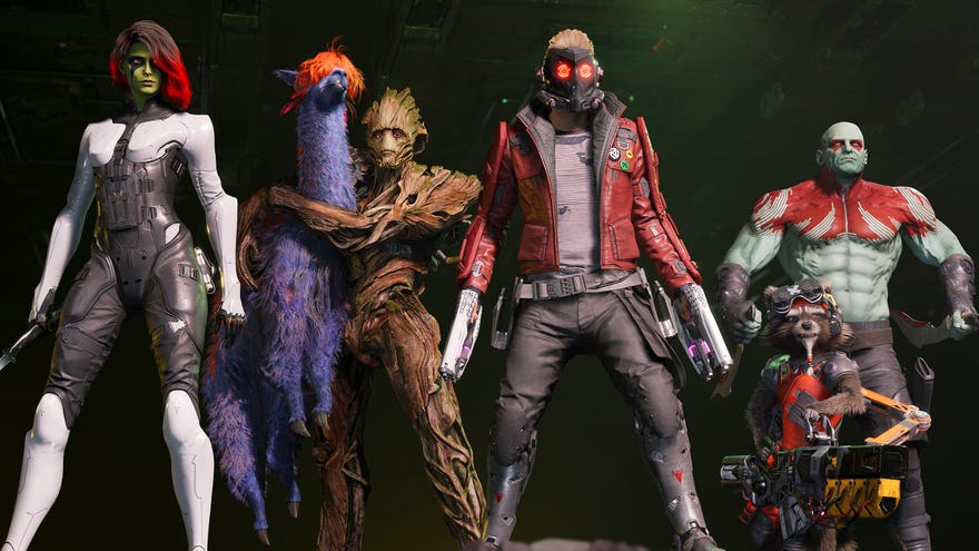 The gang posing in a Marvel’s Guardians of the Galaxy screenshot.