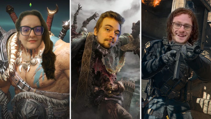 A Barbarian in Diablo Immortal, Godrick in Elden Ring, and a soldier in Warzone 2, with the heads of each member of the RPS guides team photoshopped on top.