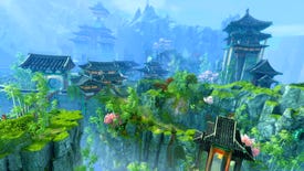 A screenshot of Guild Wars 2 expansion End Of Dragons showing Asian-inspired buildings emerging from a green forest.