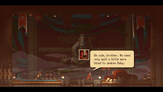 Breaking News A 2D pixel art screenshot of Gunbrella displaying an inappropriate cultist in a cavern talking to an fleshy monster.
