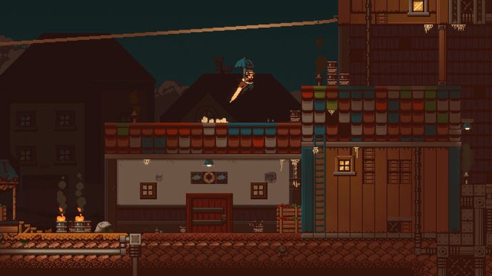Breaking News A 2D pixel art screenshot of Gunbrella displaying a person leaping over rooftops keeping an umbrella over his head. There is a zipline above him.