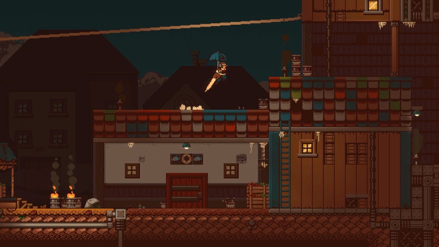 A 2D pixel art screenshot of Gunbrella showing a man leaping over rooftops holding an umbrella over his head. There's a zipline above him.